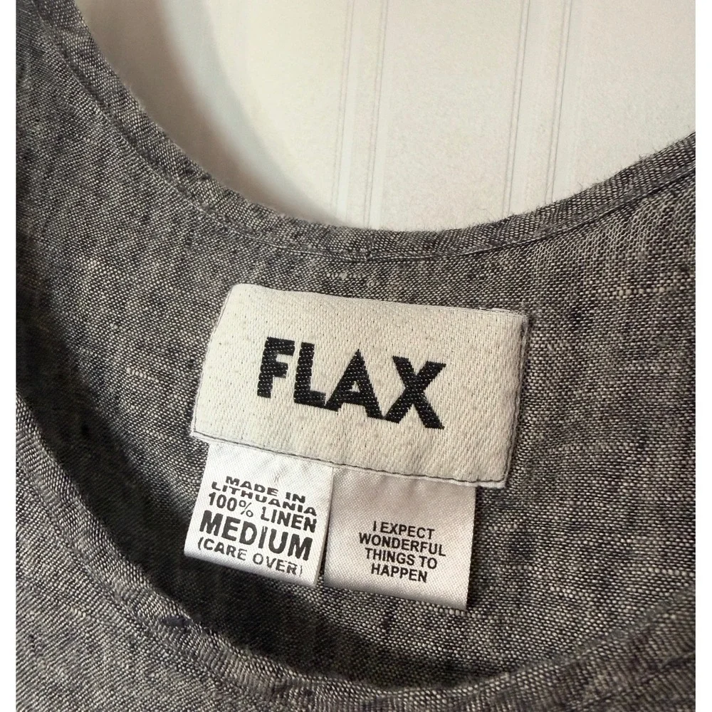 FLAX Women Medium Gray 100% Linen Short Sleeve Scoop Neck Blouse Lagenlook Top